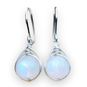 New Artisan Sterling Silver Platinum Plated Moonstone Wire Dewdrop Earrings